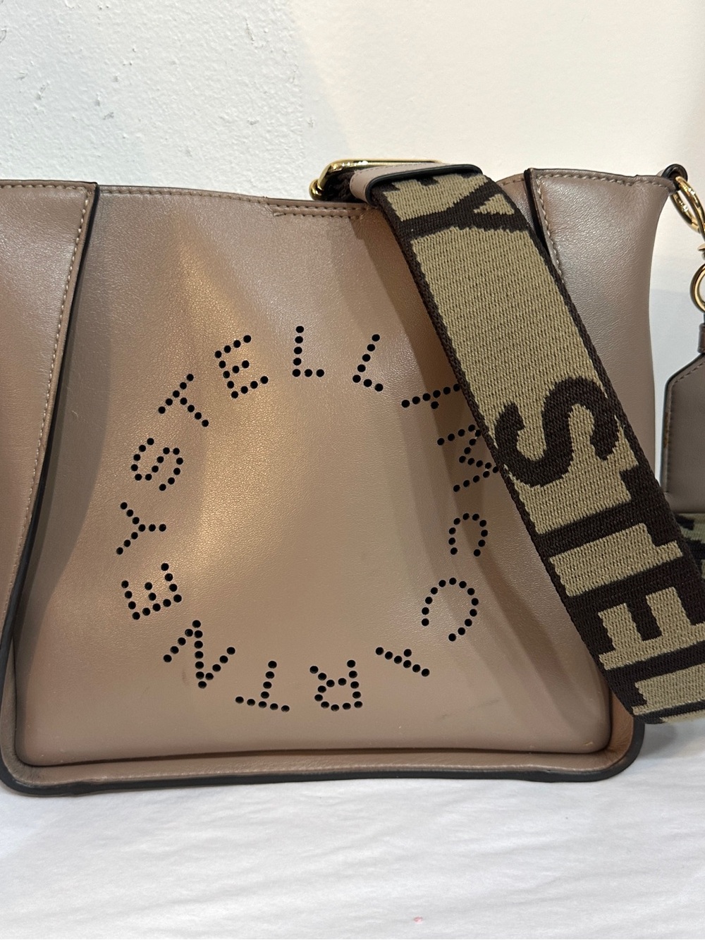 Stella McCartney Beige Perforated Logo Crossbody Bag with Branded Strap